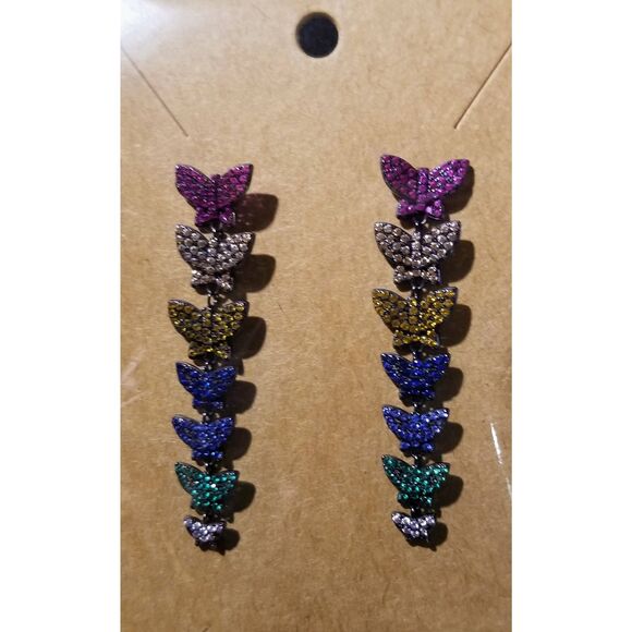 Sparkly Colorful Rhinestone Rainbow Pavé Crystals Dangling Butterfly Earrings - Picture 2 of 6